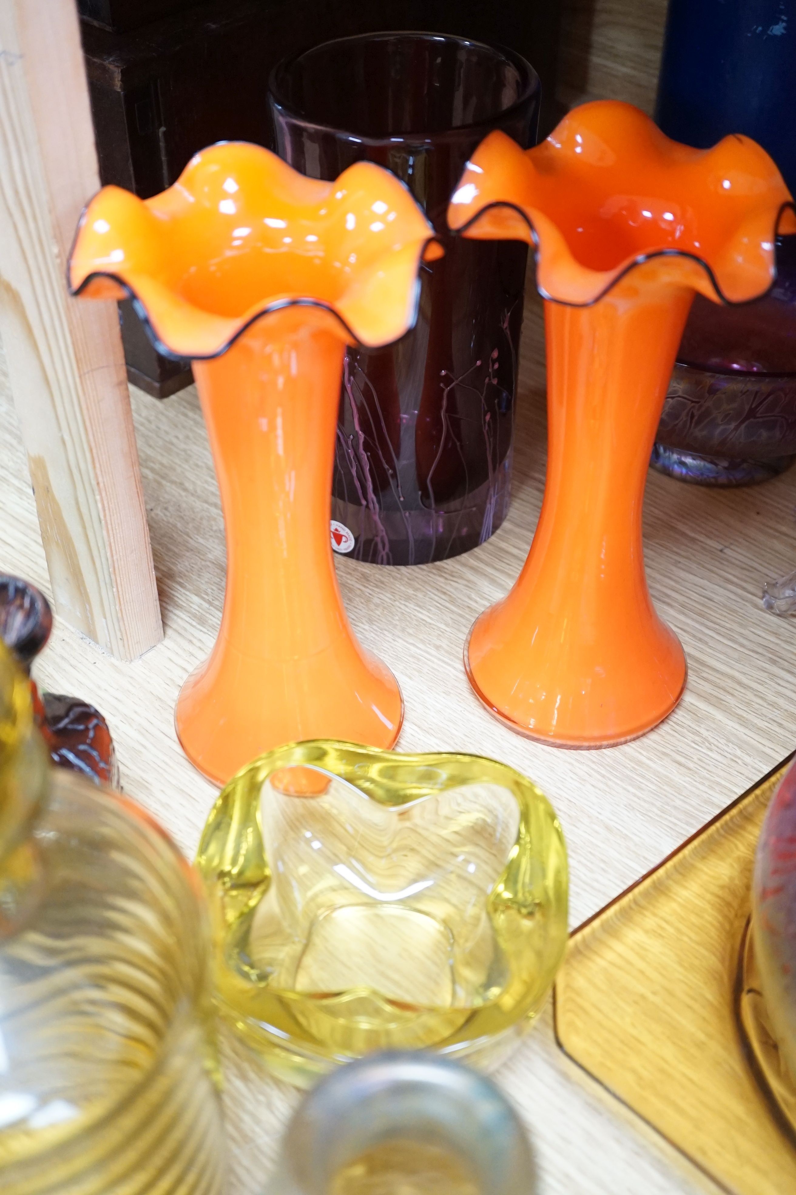 A group of coloured and lustre glass including Mdina, Rosenthal for Versace, Royal Brierley, Maltese glass etc.